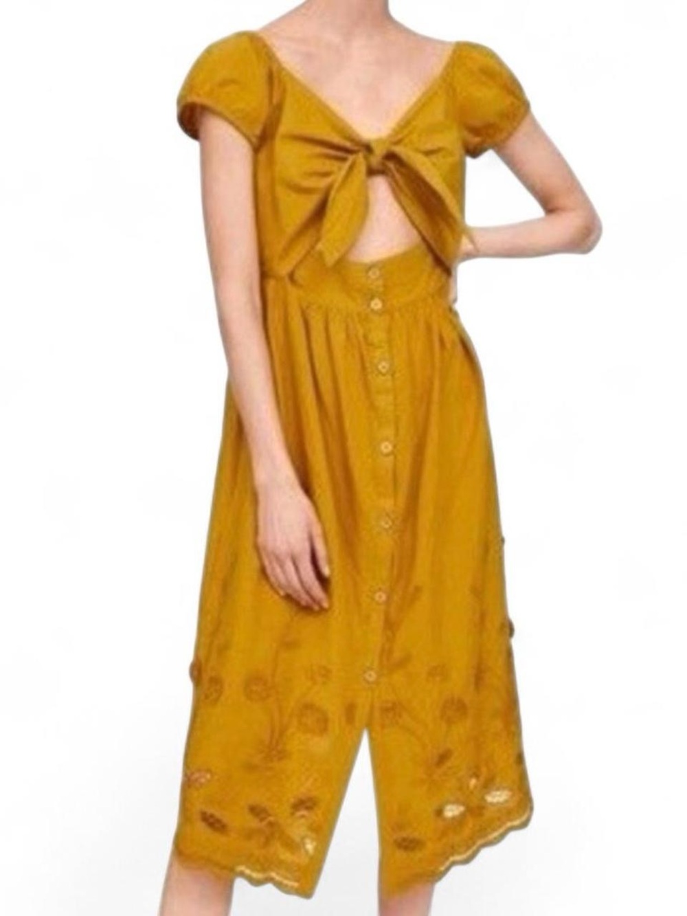 Mustard Yellow Embroidered Cut-Out Midi Dress Women's XS Boho Cottagecore Resort